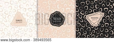 Vector Seamless Patterns Set With Stylish Modern Labels. Elegant Abstract Geometric Texture With Org