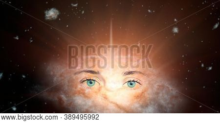 The Concept Of Clairvoyance. Piercing Green Eyes Looking Into The Future Against The Background Of T