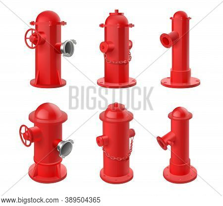 Vector Set Of Red Fire Hydrants Isolated On White Background. Realistic 3d Objects For City Fire Fig