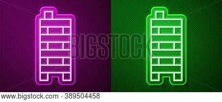 Glowing Neon Line Mahjong Pieces Icon Isolated On Purple And Green Background. Chinese Mahjong Red D