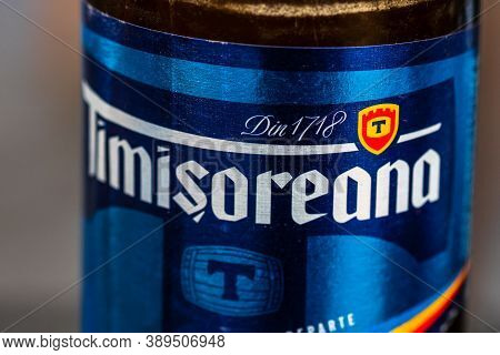 Romanian Timisoreana Beer Isolated, Close Up On Detail Of Glass Beer Bottle. Bucharest, Romania, 202