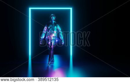 Low Poly Neon Color Robor Walking, Standing On Reflection Floor With Shining Rectangle. Artificial I