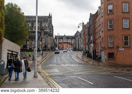 Dublin, Ireland - 09 November 2015: Buildings Along Winetavern Street, Dublinia Museum In The Backgr