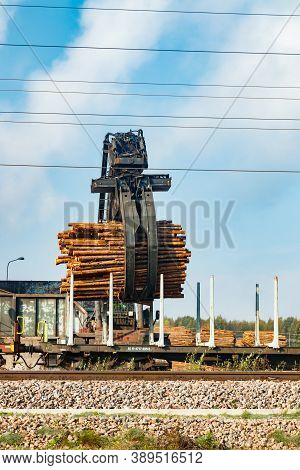 Kouvola, Finland - 24 September 2020: Unloading Of Timber From Railway Carriages At Paper Mill Stora