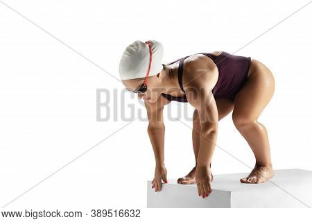 Ready To Action. Beautiful Dwarf Woman Practicing In Swimming Isolated On White Background. Lifestyl