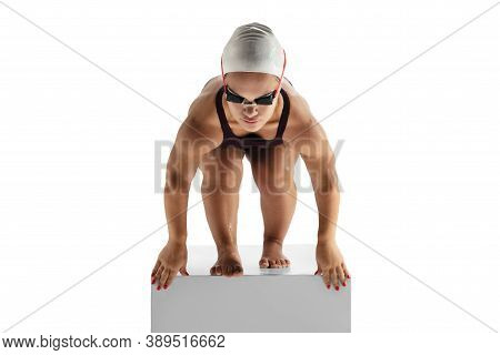 Ready To Action. Beautiful Dwarf Woman Practicing In Swimming Isolated On White Background. Lifestyl