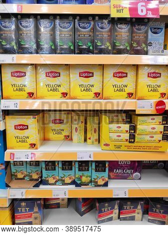 Warsaw, Poland - August 14, 2020: Tetley, Lipton And Tet Black Tea Brands At A Grocery Store In Pola