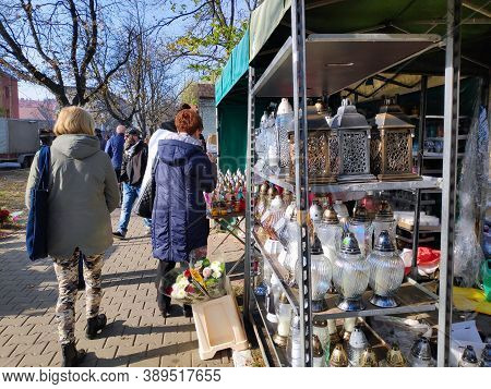 Bytom, Poland - November 1, 2019: People Buy Grave Candles During All Saints Day (polish: Dzien Wszy