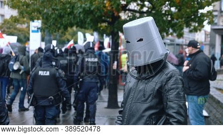 Warsaw, Poland 13.10.2020 - Protest Of The Farmers Man With Bucket On His Head Instead Of Anti Covid