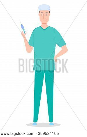 Isolated At White Cartoon Character. Doctor Man Surgeon Wearing Medical Suit With Syringe. Anestheti