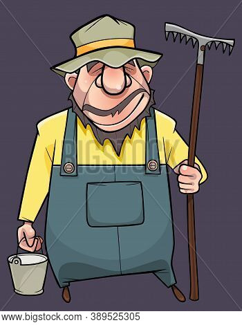 Funny Cartoon Male Gardener In Overalls And Hat Stands With Bucket And Rake