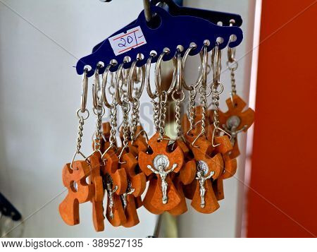 Key Chains With Catholic Religious Symbols In A Pious Articles Shop