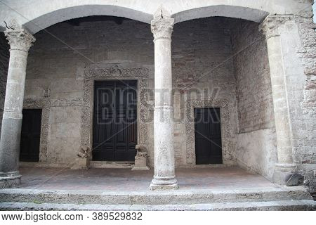 Colonnade In The Ancient Church Of St. Maria Impensole, Narni, Italy. High Quality Photo