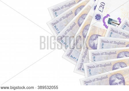 20 British Pounds Bills Lies Isolated On White Background With Copy Space. Rich Life Conceptual Back