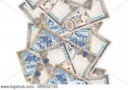 500 Nepalese Rupees Bills Flying Down Isolated On White. Many Banknotes Falling With White Copyspace