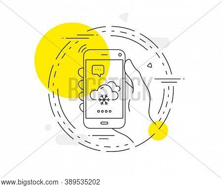 Snow Weather Forecast Line Icon. Mobile Phone Vector Button. Clouds With Snowflake Sign. Cloudy Sky 