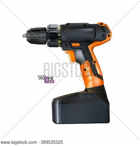 Realistic Orange Black Cordless Drill Professional Tool Isolated On White Background. Construction A