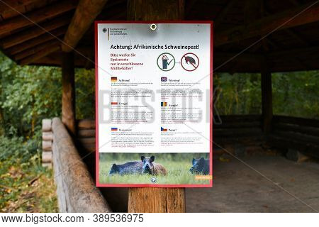 Karlsruhe, Germany - October 2020: Warning And Infomation Sign Regarding African Swine Fever Virus I