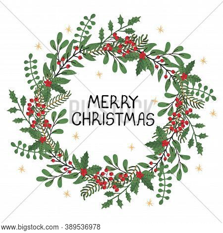 Vector Christmas Wreath Template. Hand Draw Frame. Use It As Invitation, Greeting Card, Poster, Bann