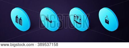 Set Isometric Bottle Of Vodka, Embroidered Shirt, Glass With And Two Towers In Dnipro Icon. Vector