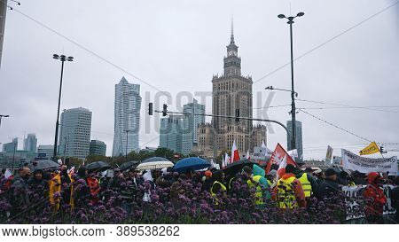 Warsaw, Poland 13.10.2020 - Protest Of The Farmers People With Flags And Banners Marching At Rondo D