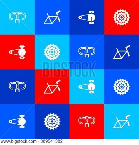 Set Bicycle Handlebar, Frame, Chain With Gear And Cassette Icon. Vector