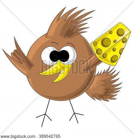 Brown Bird With Cheese In Cartoon Style