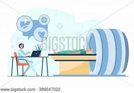 Doctor Doing Brain Scan On Tomography Machine For Patient Flat Vector Illustration. Cartoon Person I