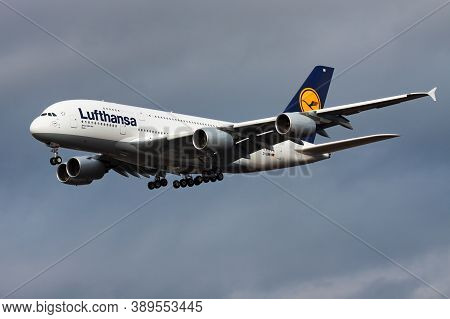 Frankfurt / Germany - December 4, 2012: Lufthansa Airbus A380 D-aimi Passenger Plane Landing At Fran