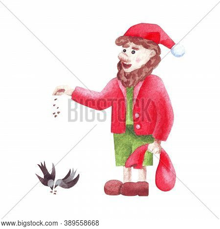 Santa Clauss Adult Helper With Beard And Bag Takes Care Of Birds