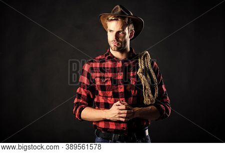 Lasso Used Rodeos Competitive Events. Man Wearing Hat Hold Rope. Lasso Tool Of American Cowboy. Lass