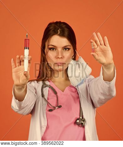 Doctor Use Syringe, Selective Focus. Nurse Make Injection. Health Worker Dials Vaccine In Syringe. P