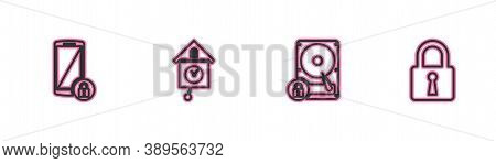 Set Line Smartphone With Lock, Hard Disk Drive And, Retro Wall Watch And Lock Icon. Vector