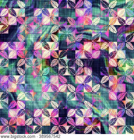 Blurry Rainbow Glitch Artistic Foliage Texture Background. Irregular Bleeding Watercolor Tie Dye Sea