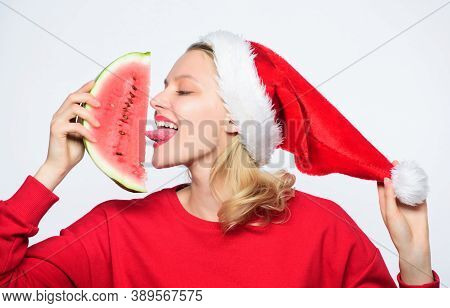 Prolong Summer. Travel Christmas Vacation And Holidays Resort. Delicious Christmas Concept. Woman Sa