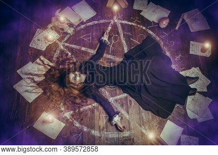 A portrait of a scary witch in the wooden house. Magic, dark force, spell. 