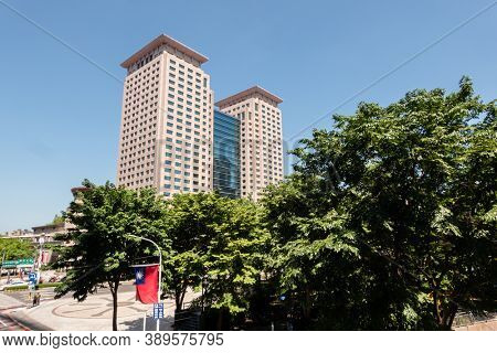 Banqiao, Taiwan - Oct 4th, 2020: modern towers of Banqiao train station under blue sky in New Taipei city, Taiwan