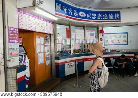 Puli, Taiwan - Oct 1st, 2020: interior square of bus place at Kuo-Kuang Motor Transport Station at Puli town, Nantou, Taiwan