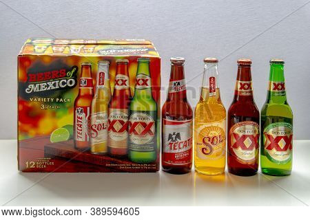 Calgary, Alberta, Canada. Oct 12, 2020. A Beers Of Mexico 12 Pack Box. Tecate, Sol, Dos Equis Beer B