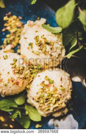 Turkish Traditional Dessert Semolina Helva With Pistachio And Mint, Close-up