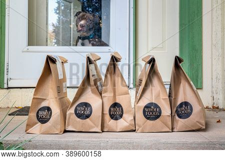 Fort Collins, CO, USA - October 13, 2020: Brown bags with groceries and produce delivered to house from Whole Food Market with a friendly dog in door. Online shopping during coronavirus pandemic.