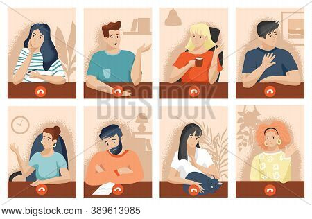Vector Concept Of Video Conference And Online Group Meeting. Screen With Videoconferencing And Busin