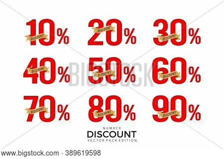 Sale Discount Number Set, Tag Number Discount Vector Set, Label Sale Numbers Collection With Golden 