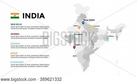 India Vector Map Infographic Template. Slide Presentation. New Deli, Mumbai, Kolkata, Jaipur, Ahmeda