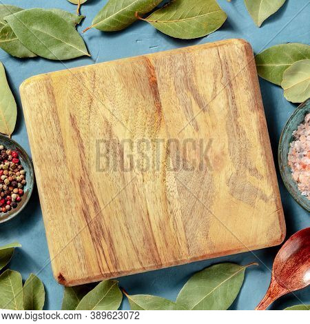 Square Wooden Cutting Board, Shot From The Top, A Design Template For A Recipe, With A Place For Tex