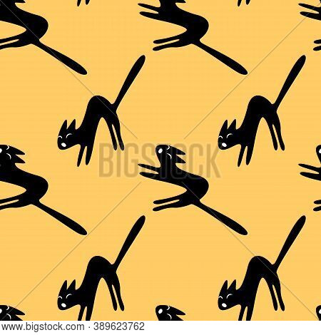 Seamless Pattern With A Hissing Angry Black Witch Cat. Happy Halloween. Textured Background For Gree