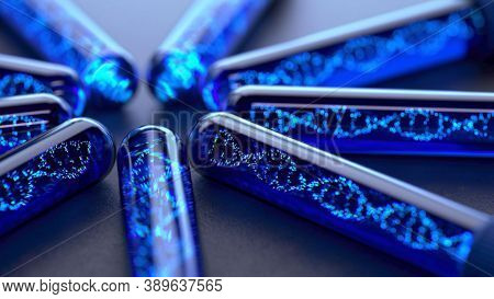 3d Render Of Dna Molecule Structure. Dna Abstract, Concept Dna Futuristic On Hi Tech Blue Background