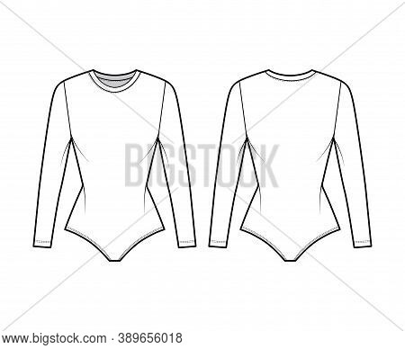 Stretch-jersey Bodysuit Technical Fashion Illustration With Crew Neck, Long Sleeves, Fitted Body. Fl