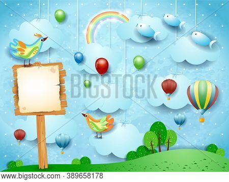 Fantasy Landscape With Balloons, Birds, Sign And Flying Fisches.