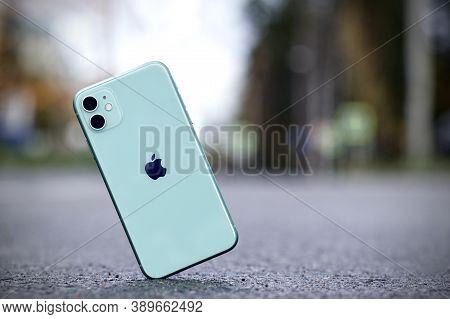 Saint-petersburg, Russia - 09.09.2020. Shockproof Iphone 11 Falling, Crashes On Asphalt, Broken Appl